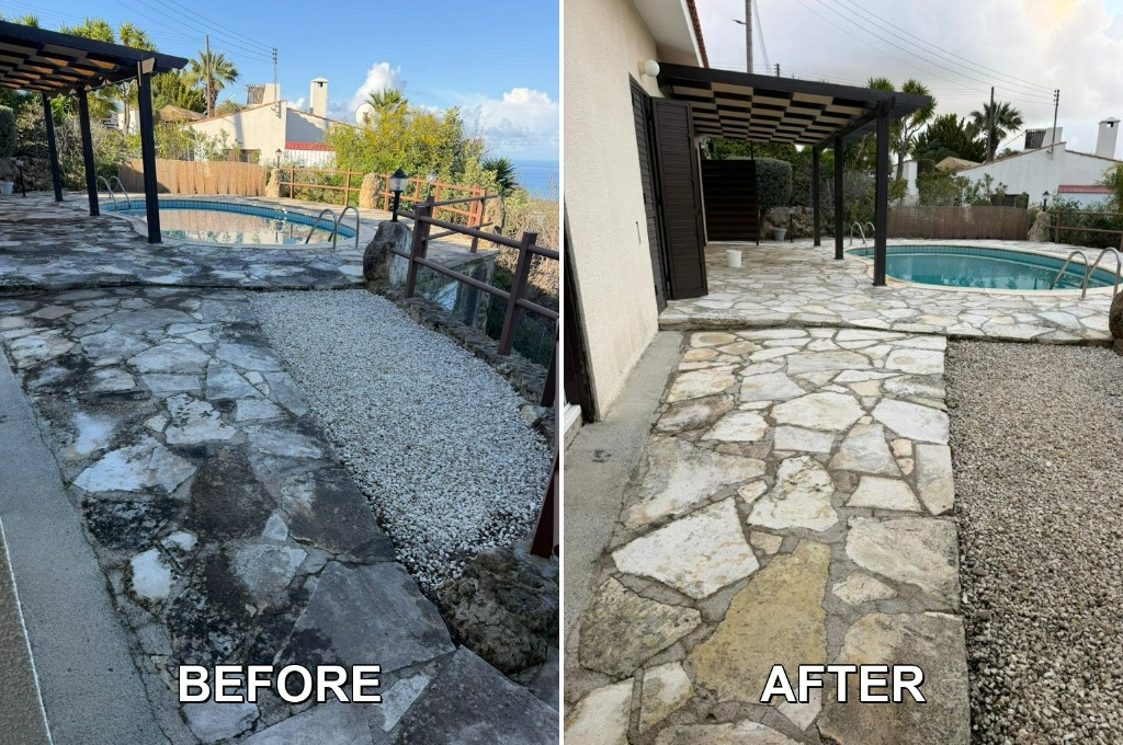 Before and after pool area pressure washing