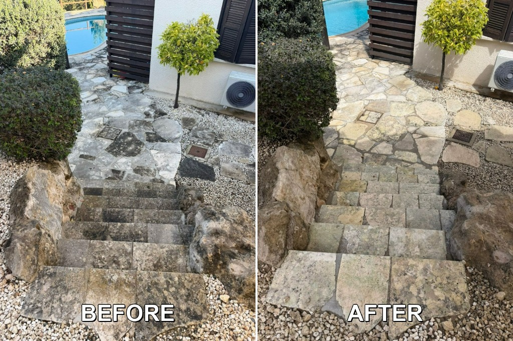 Before and after patio pavement washing